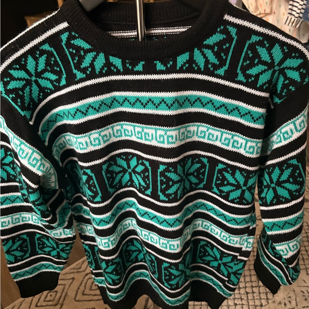 Vintage KR of NY Nordic Black and Teal Patterned Sweater